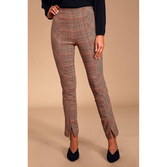 Free People Flyin High Black and Tan Plaid Slit Hem Skinny Pants Women's 4 - Picture 2 of 8